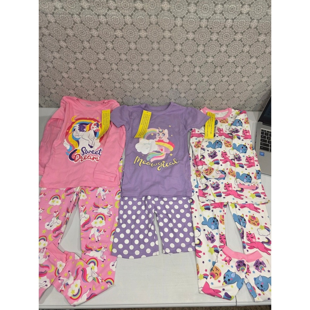 Kids Girls Unicorn Cat Narwhal Pajama‎ Set 3pc Rainbow Stars Sleepwear Size 5